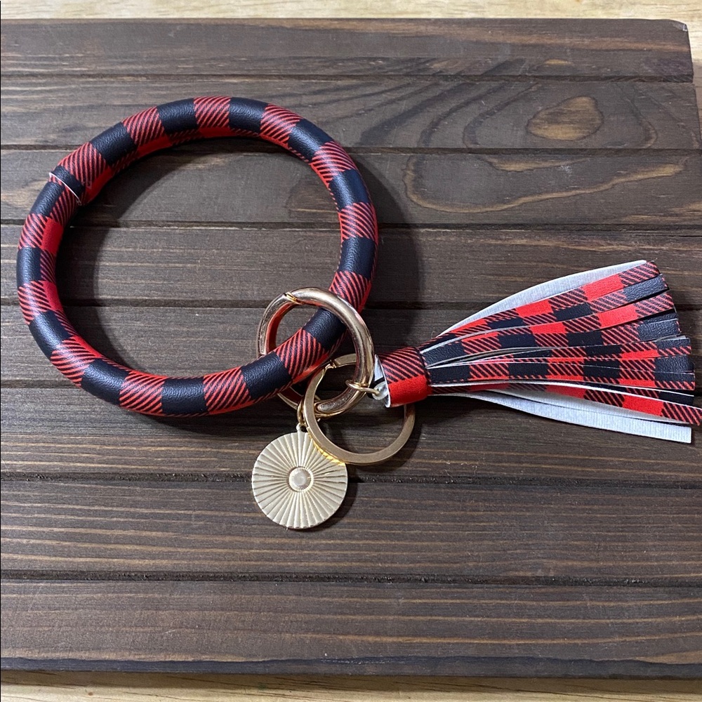 Red & Black Buffalo Plaid Keychain Bracelet with Gold Accent & Fringe Tassel - Picture 9 of 11